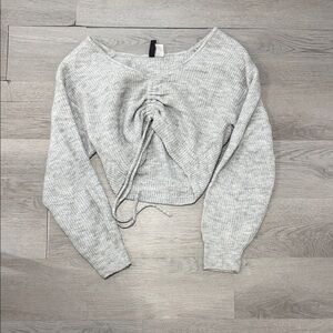 H&M Light Gray Ribbed Drawstring Cropped Sweater